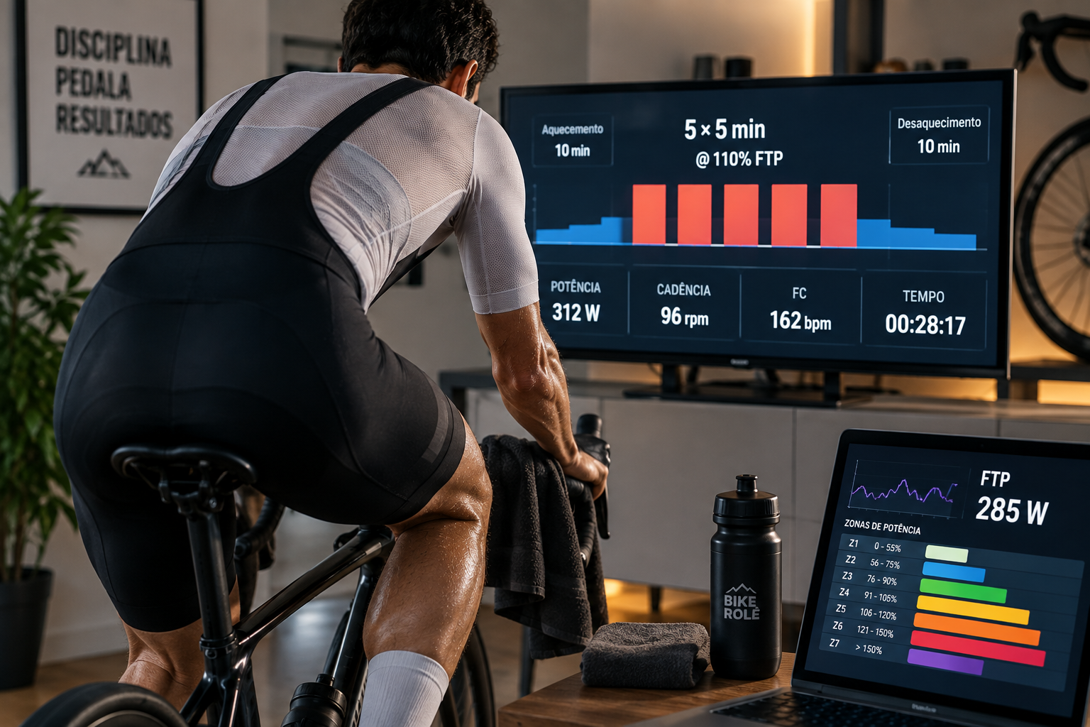 Ciclista treinando no smart trainer indoor com treino estruturado de FTP na tela — imagem gerada por IA