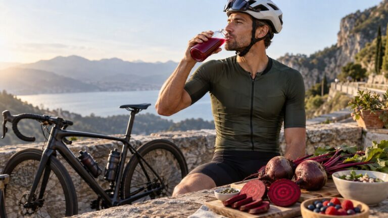 Ciclista bebendo suco de beterraba com bike ao fundo