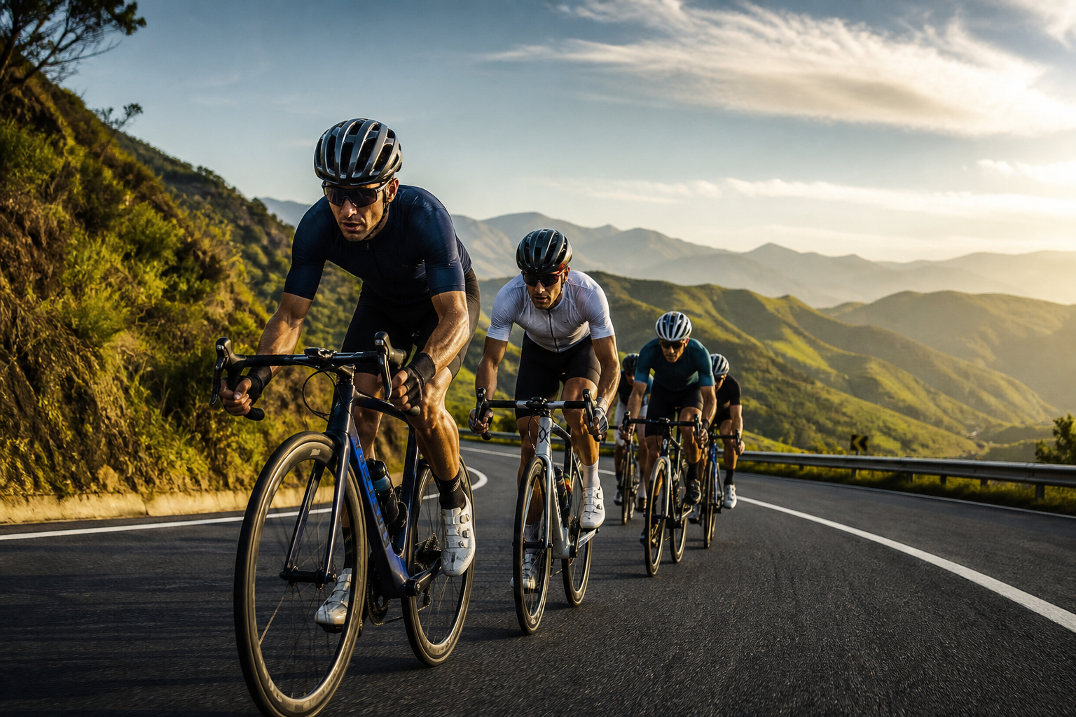 Ciclistas percorrendo uma estrada entre montanhas