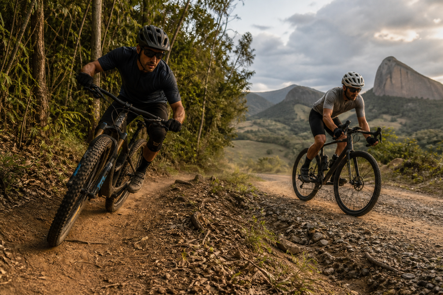 Ciclista de mountain bike em uma trilha entre montanhas