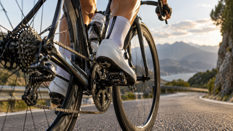 Ciclista em estrada de montanha com sapatilha de clipe e pedal automático