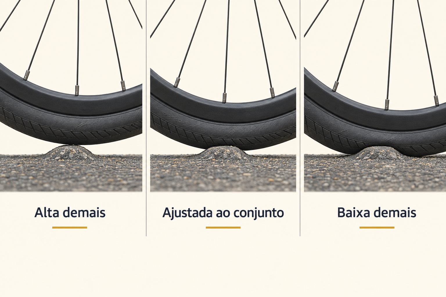 Comparação ilustrativa do pneu com pressão alta demais, ajustada ao conjunto e baixa demais