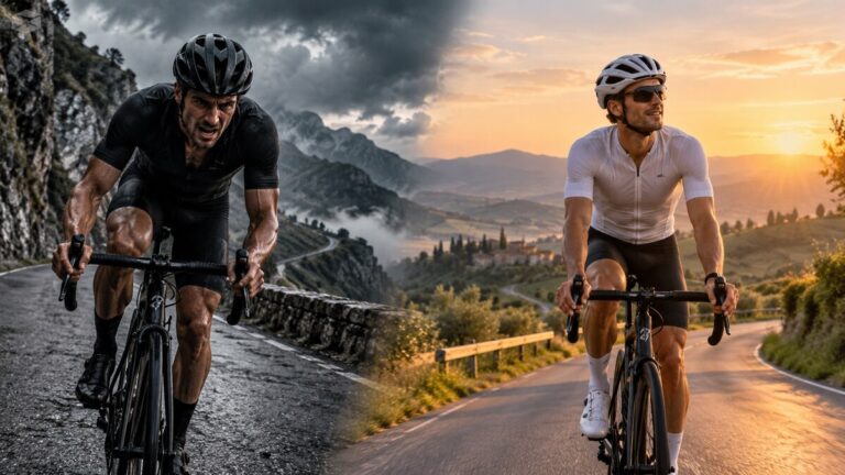 Ciclista em esforço intenso e ciclista em recuperação ativa